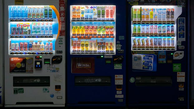 Three vending machines in Taito City, Tokyo at night showcasing a variety of drinks.